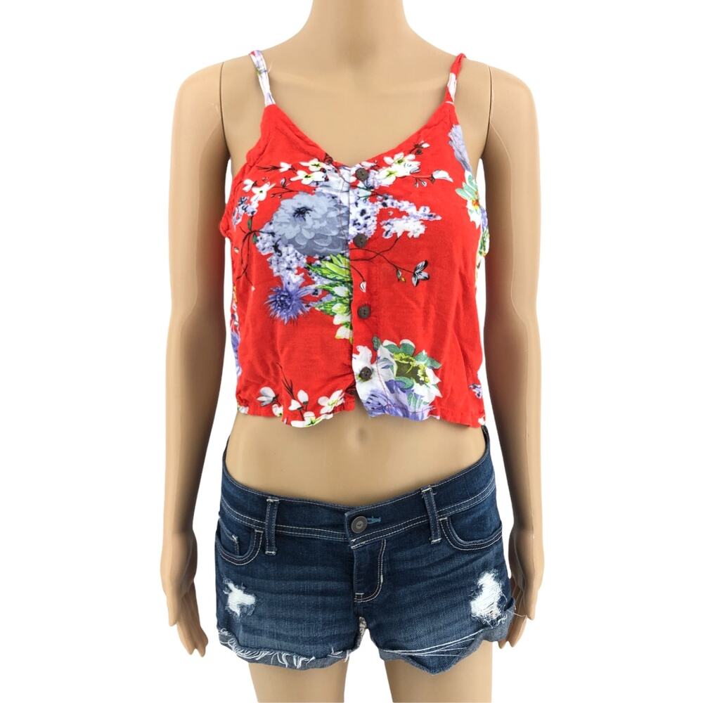 VINTAGE Y2K MEDIUM Red Floral Hawaiian Hula Tropical Button Front Crop Top